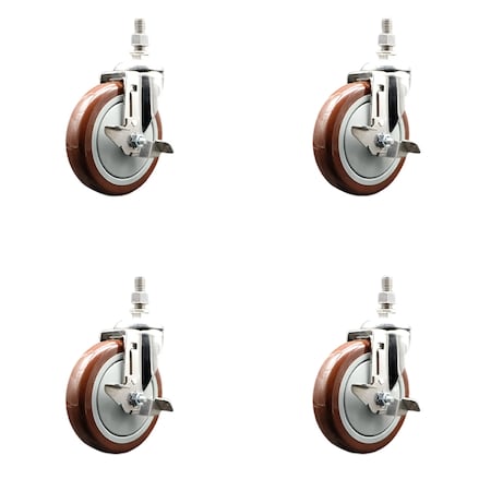 Service Caster 5 Inch 316SS Maroon Polyurethane Swivel 3/8 Inch Threaded Stem Caster Set Brake SS316TS20S514-PPUB-MRN-TLB-381615-4